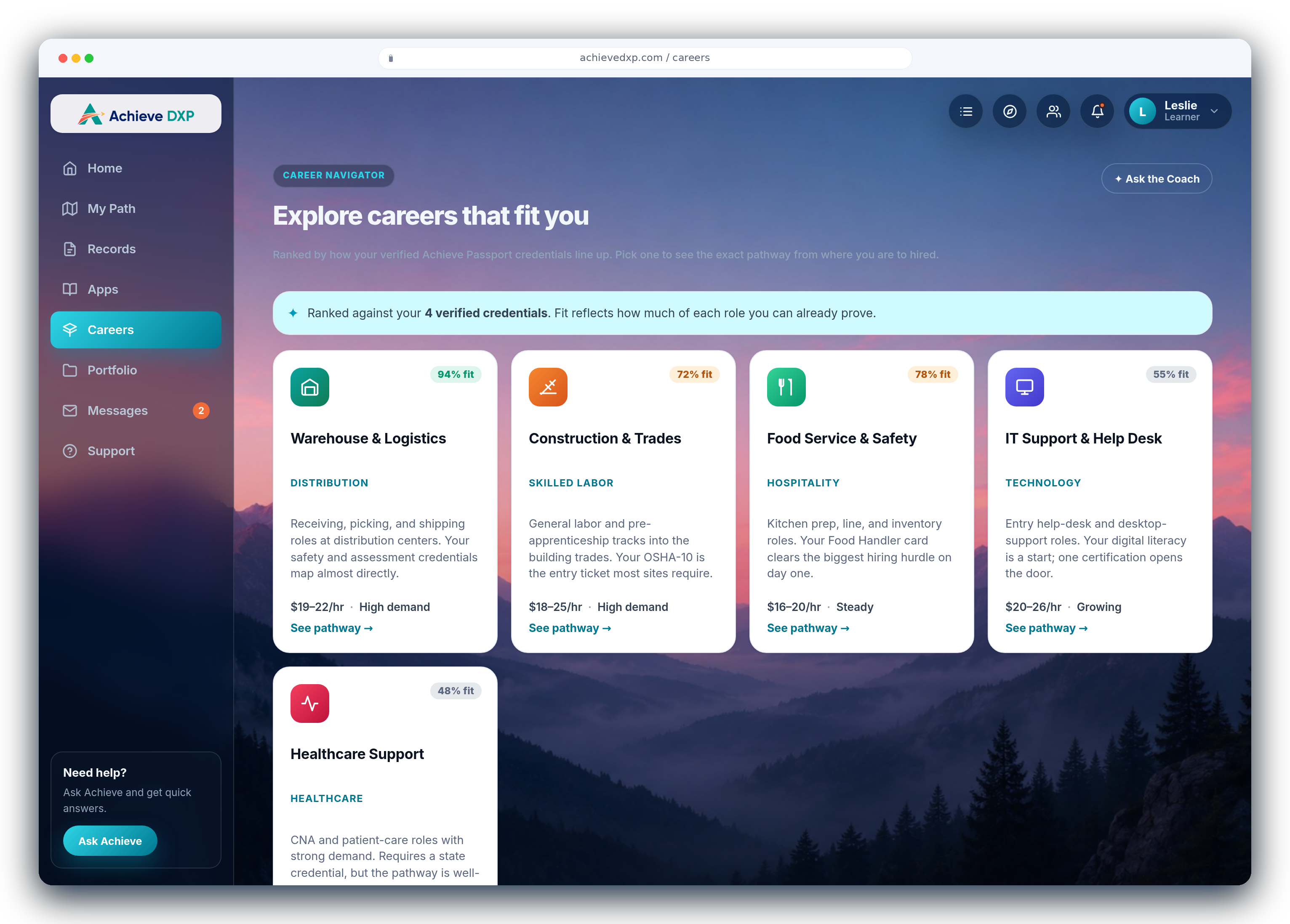 AchieveDXP Career Navigator: real roles across distribution, skilled trades, hospitality, technology and healthcare, each ranked by how well a learner's verified credentials fit