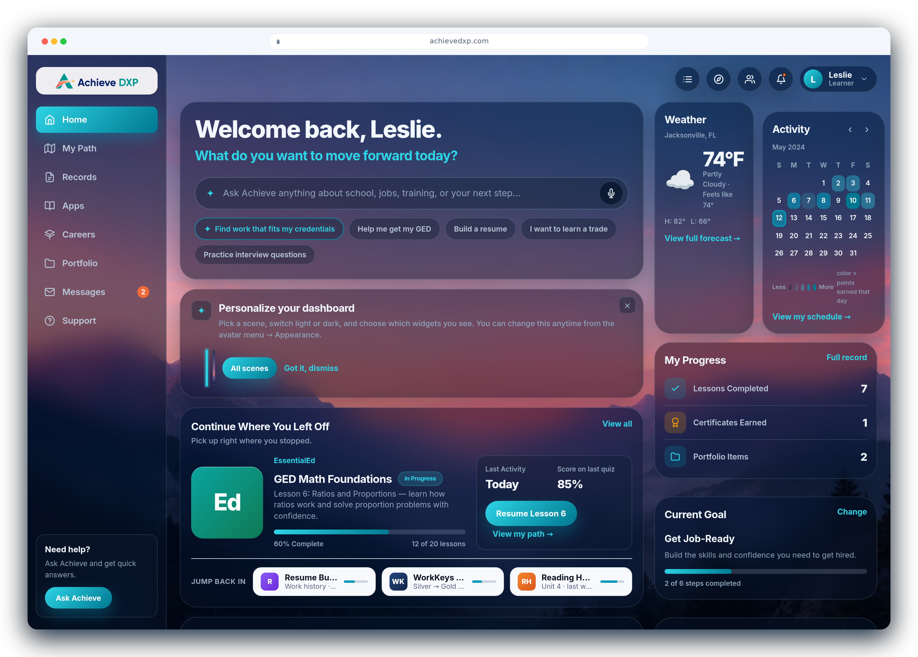 AchieveDXP learner home: a personalized starting point that asks what the learner wants to move forward today, with their courses, progress, goal, and next step in one place
