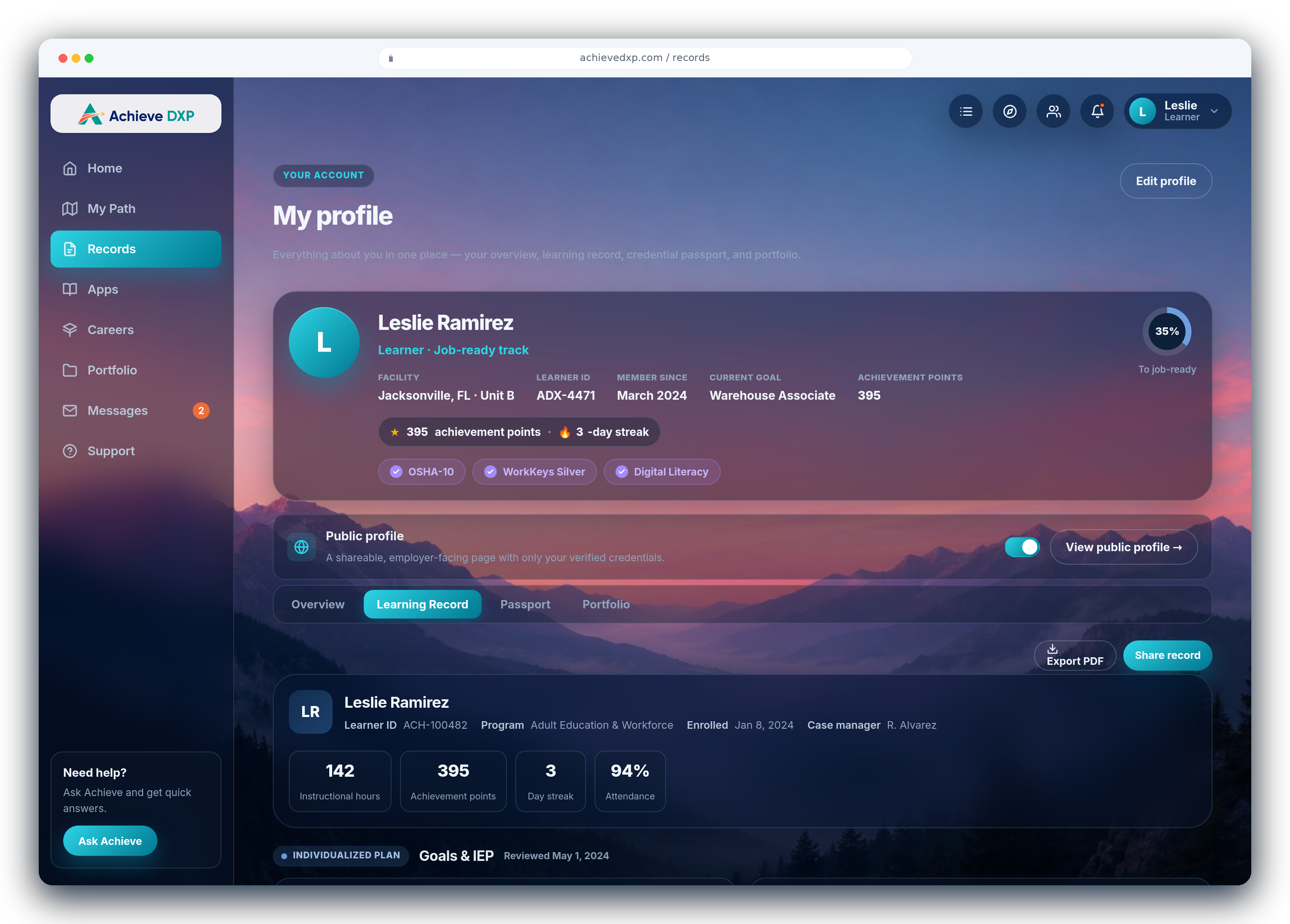 AchieveDXP learner record and credential passport: verified credentials, full learning history, instructional hours, and a shareable employer-facing profile