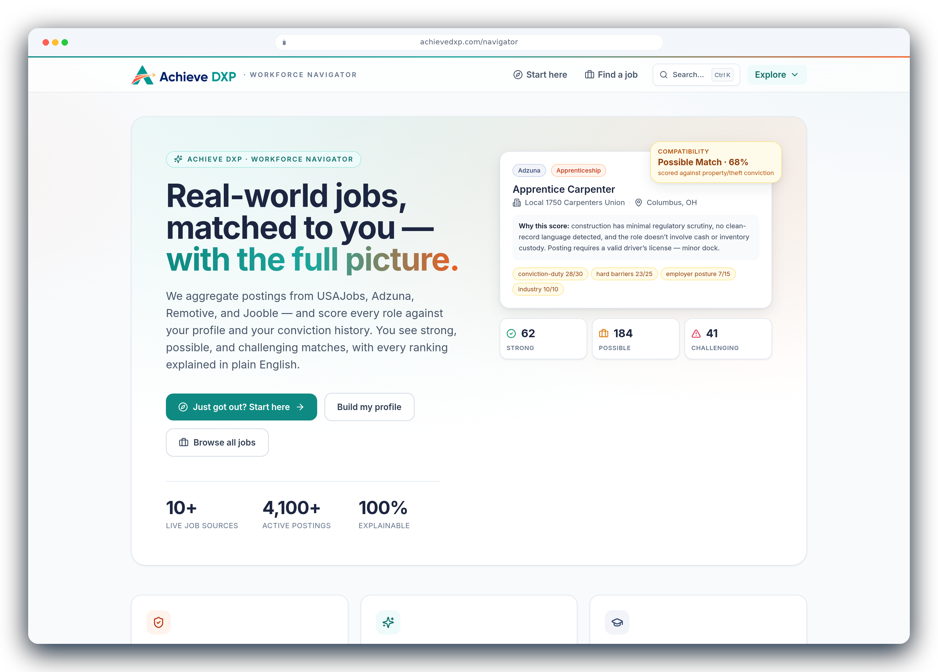 Achieve Navigator: real jobs matched to a learner and scored against their profile, every ranking explained in plain English