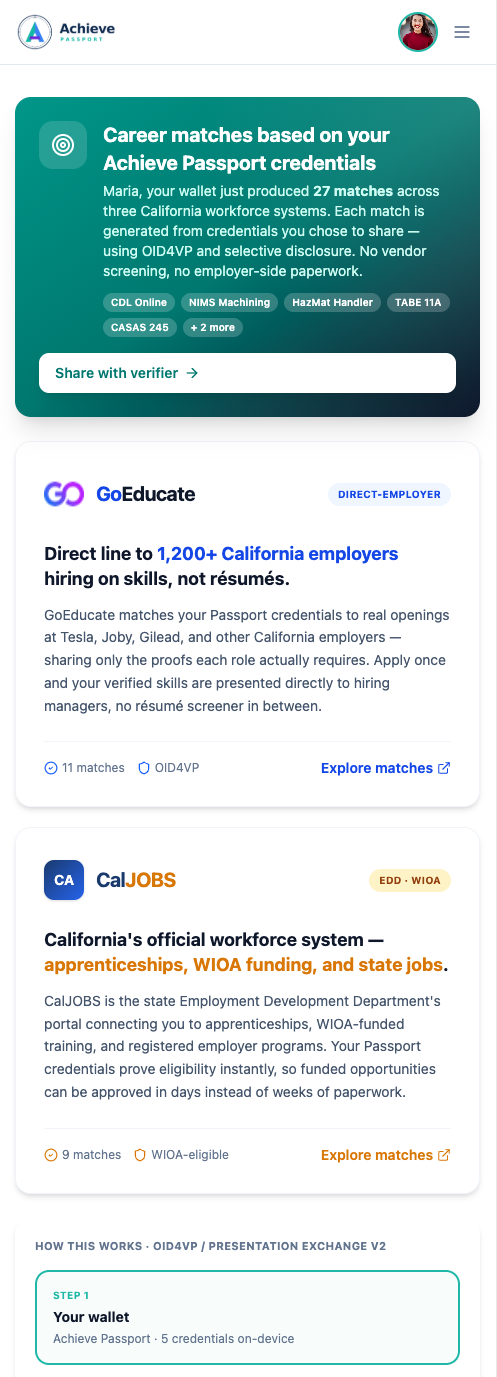 Achieve Passport on a phone, surfacing job matches drawn from the learner's verified credentials