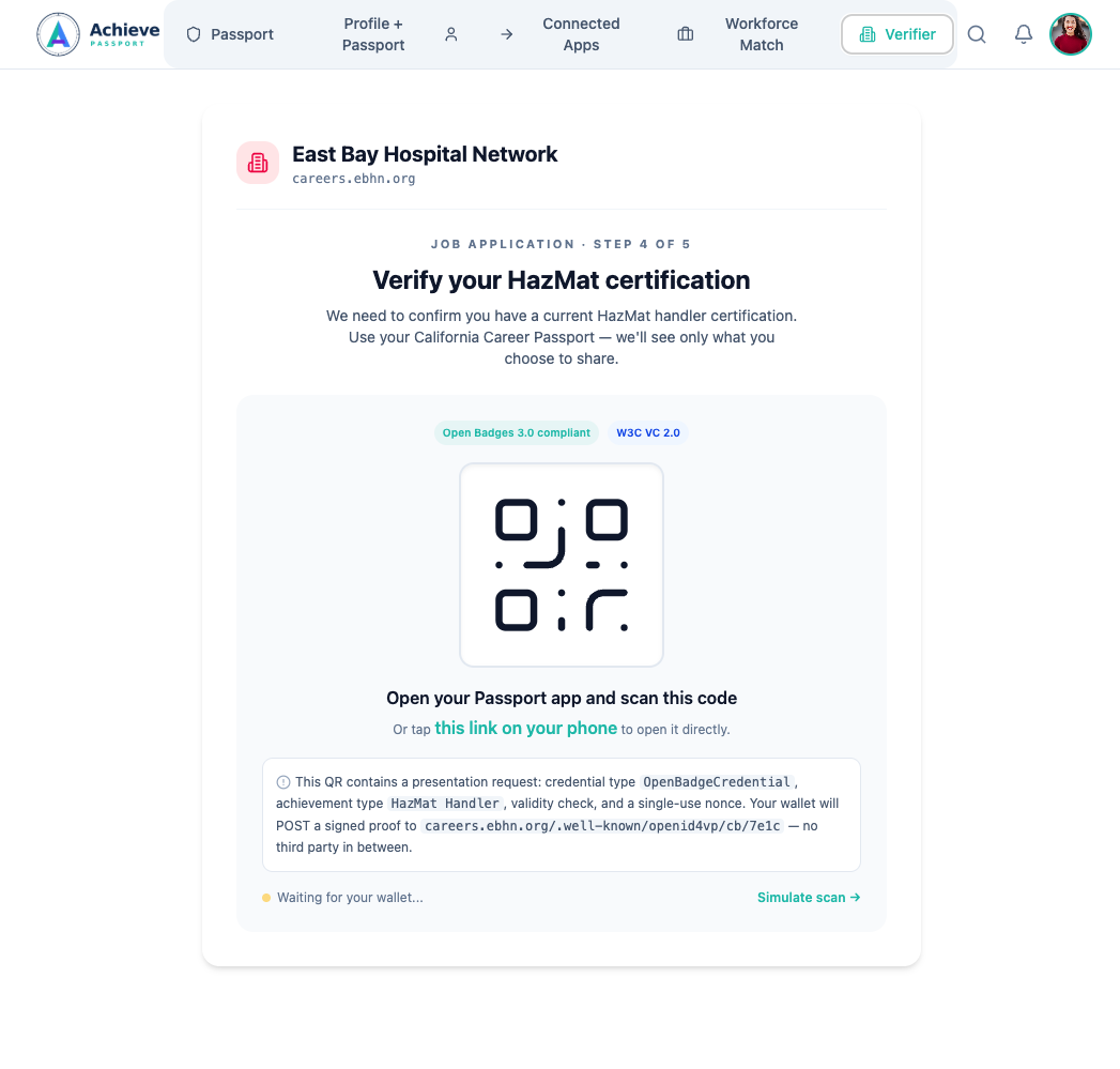 An employer's job application asking the learner to verify a HazMat certification: the wallet shows exactly what's requested and shares only that, sending a signed proof directly to the employer